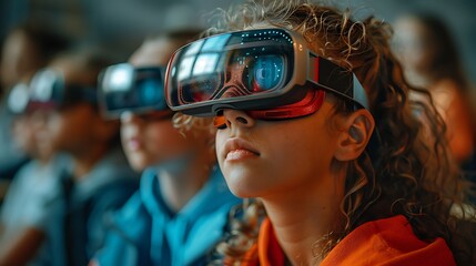 Group of people wearing virtual reality headsets experiencing immersive technology at a modern event 