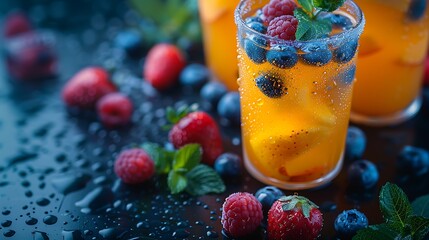 A refreshing fruit smoothie garnished with mint and blueberries on a backdrop of scattered berries...