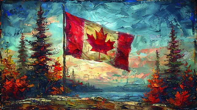 A vibrant oil painting of the Canadian flag waving in a picturesque landscape dominated by autumn colors and a moody sky.
