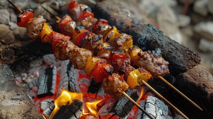 Street cooked Shish kebab on close up coals