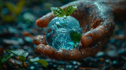 A close-up of a crystalline apple with a sprouting leaf held gently in wet, bejeweled hands, symbolizing nature, care, and sustainability. 