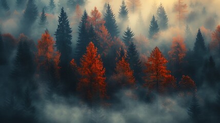 Mystical autumn forest scenery with vibrant foliage and foggy atmosphere 