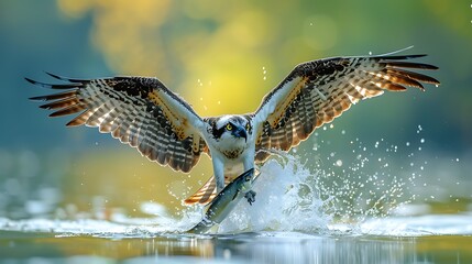 An osprey majestically catching a fish over a sunlit water surface 