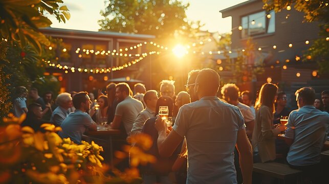 A group of people enjoy a social evening at an outdoor venue with festive lights as the sun sets. 