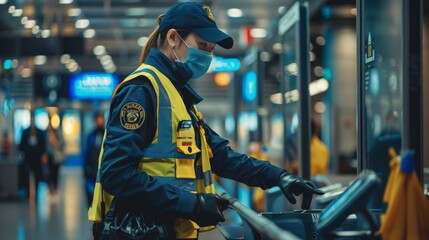 A security officer conducting bag checks at an entrance, maintaining security protocols in a public venue