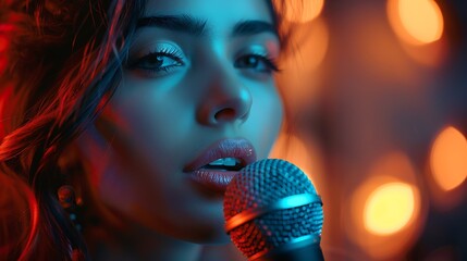 A close-up of a woman singing into a microphone illuminated by vibrant blue and red lights.
