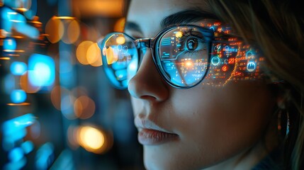 Close-up of a woman wearing glasses with futuristic digital data reflected in the lenses, symbolizing advanced technology and virtual reality. 