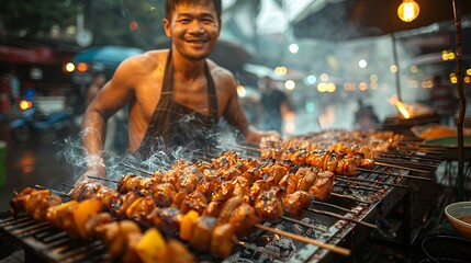 Smiling man cooking skewers on a smoky street food grill at night with an urban background. 