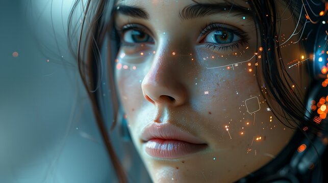 Close-up of a woman's face with futuristic digital enhancements and glowing lights reflecting off her skin 