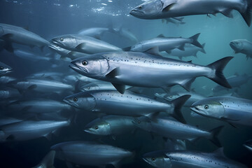 A dense shoal of Atlantic salmon swims in deep blue waters.