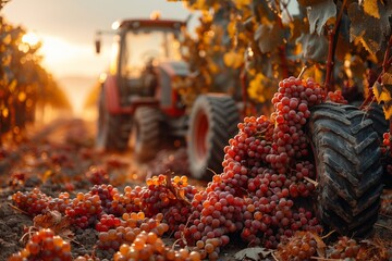 A tractor with automotive tires is harvesting grapes in the vineyard