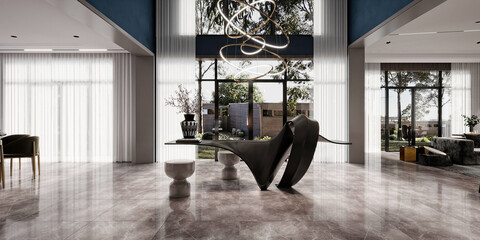 3d render luxury villa home interior - obrazy, fototapety, plakaty