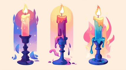 A vibrant flat 2d illustration featuring burning candles in a three arm candlestick set against a clean white background