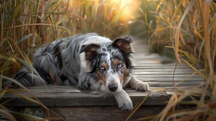 A Border Collie with a merle coat rests on a wooden pathway surrounded by tall grass its eyes reflecting a peaceful inquisitiveness - Powered by Adobe
