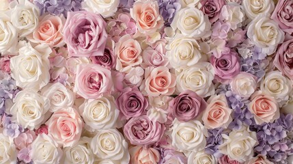 Floral display of soft colored roses in shades of pink purple and white