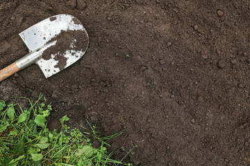 Brown dark humus, soil ground texture background with copyspace and shovel on garden bed top view. Organic farming, gardening, growing, agriculture