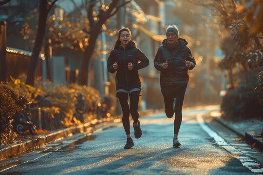 A man and woman jogging on asphalt road lined with trees for recreational fun