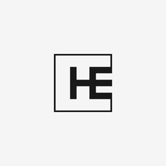  HE monogram logo inside black square frame. H and E logo.