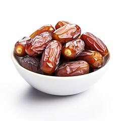 Plate with dried dates on white background.