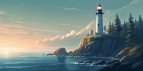 A serene coastal scene with a lighthouse perched on a rocky outcropping, overlooking the ocean at sunset.