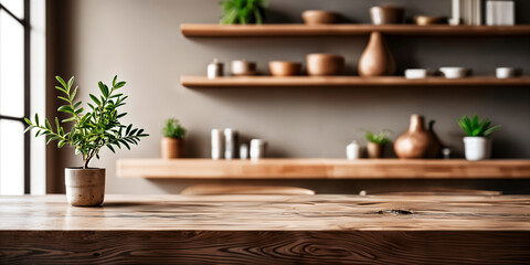 A wooden counter with a small potted plant on it, set against a backdrop of shelves filled with various items and plants.
