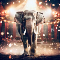 An Indian elephant, a working animal, stands by a circus tent for entertainment - obrazy, fototapety, plakaty