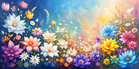 A vibrant and colorful digital illustration featuring a variety of flowers, including lilies and daisies, set against a backdrop of a blue sky with clouds.