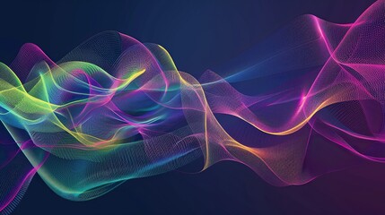 an abstract, dark blue background has colorful wave shapes in it, in the style of data visualization, line and dot work, light green and magenta