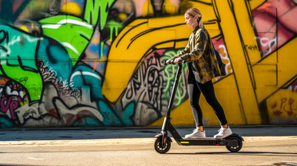 Young woman on electric scooter on a graffiti wall urban art background. Eco transport in a modern city. Concept of contemporary, green transportation, ecological ride. Banner. Copy space