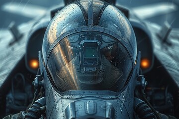 Cartoon fighter pilot in electric blue helmet in aircraft cockpit - obrazy, fototapety, plakaty