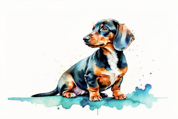 Watercolor Dachshund isolated on white background. Pet portrait with copy space...