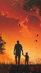 Fototapeta premium A silhouettes of father and child looking into the distance. Father's day.