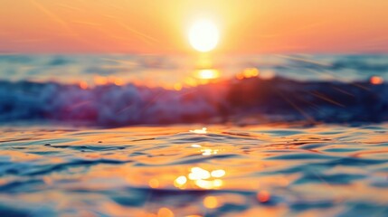 Beautiful closeup sea water surface. Sunset sunrise gold blue colors calm soft waves relaxing horizon. Dream fantasy shallow focus, blur seascape sky. Tranquil peaceful nature pattern - obrazy, fototapety, plakaty