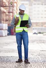 Construction site, blueprint and clipboard by black man for design, checklist or architecture compliance. Building, engineering or African architect with property floor plan for industrial strategy
