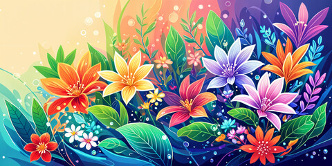 A vibrant and colorful illustration of various flowers, leaves, and plants set against a backdrop of blue water with a hint of orange sky.