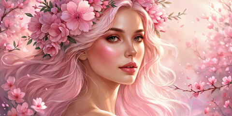 A woman with pink hair and makeup, adorned with flowers, set against a backdrop of cherry blossoms.