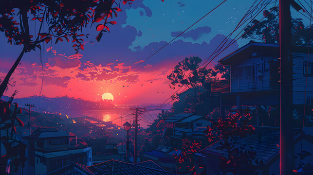 Video background for lofi music. An anime-style colorful dream scene. Cloudy weather. aesthetic views.