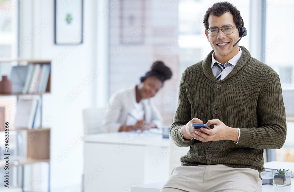 Aufkleber Portrait, man and happy with smartphone at call center for customer or client support and service. Office, crm and advisor or consultant with smile or satisfied with job and career growth as agent