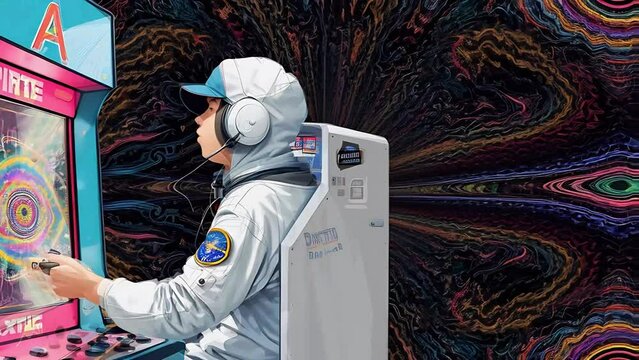 Psychedelic Changing Frames with Astronaut Playing Arcade Games