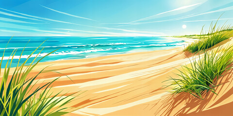 A serene beach scene with sand dunes, tall grasses, and the ocean in the background under a clear blue sky.
