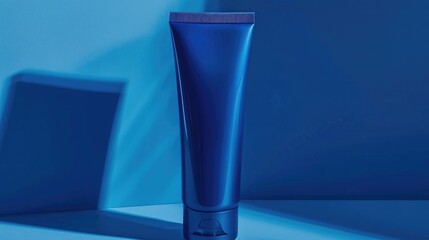 Blank blue cosmetic tube mockup isolated on blue background