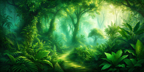 A lush, green forest with towering trees and a winding path through the dense foliage.