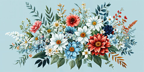 A vibrant and colorful illustration of a floral arrangement, featuring a variety of flowers and leaves in shades of pink, blue, white, and red against a light blue background.