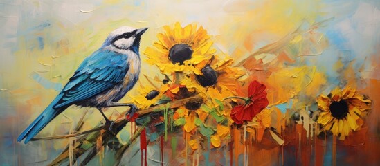 Blue jay perched on branch near sunflowers in painting