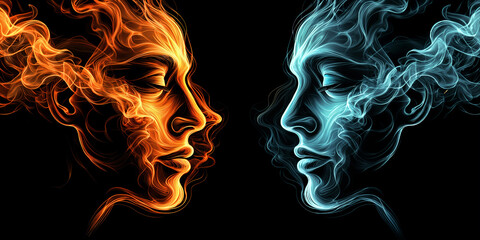 Two portraits of a woman's face made of smoke, each with a different color scheme and style, placed side by side against a black background.