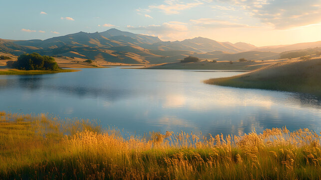 A serene lake surrounded by hills, illuminated by dawn, provides a serene environment for morning fishing, kayaking, and peaceful reflection.
