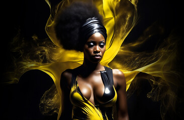 African american model with an afro and yellow dress with deep cleavage poised amidst a backdrop of flowing fluid-like fabric - obrazy, fototapety, plakaty