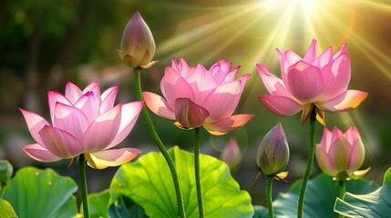 Obraz premium Colorful Lotus in The Grass On a Sunny Spring Day, Vibrant Nature