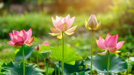 Obraz premium Colorful Lotus in The Grass On a Sunny Spring Day, Vibrant Nature