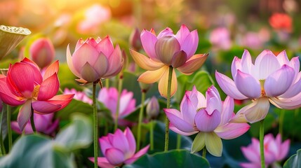Obraz premium Colorful Lotus in The Grass On a Sunny Spring Day, Vibrant Nature